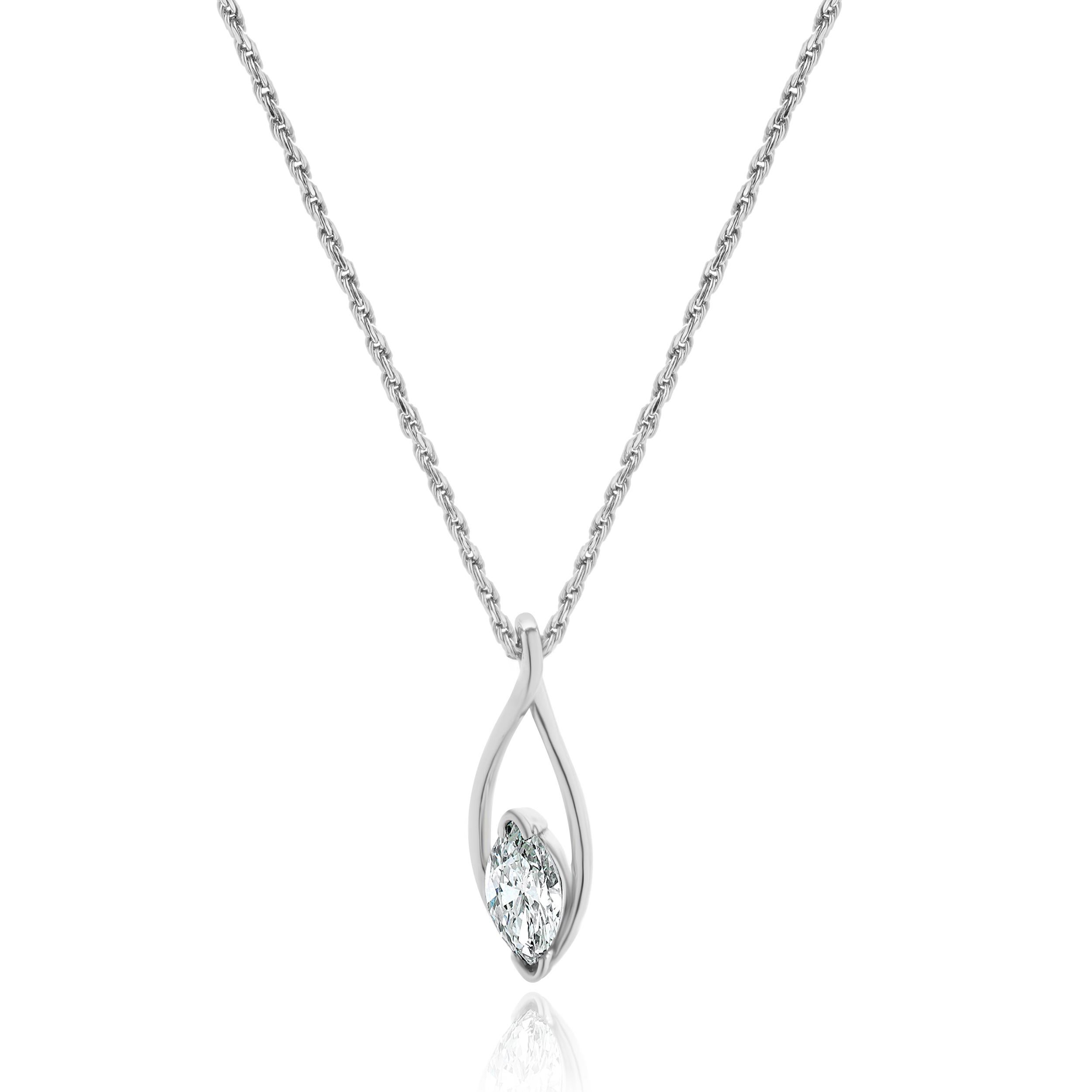 Concepteur : personnalisé
Matière : 14 or blanc
Diamants : taille marquise = 0.48cttw
Couleur : G
Clarté : VS1
Longueur : le collier mesure 18.75 pouces de long.
Poids : 4.06 grammes