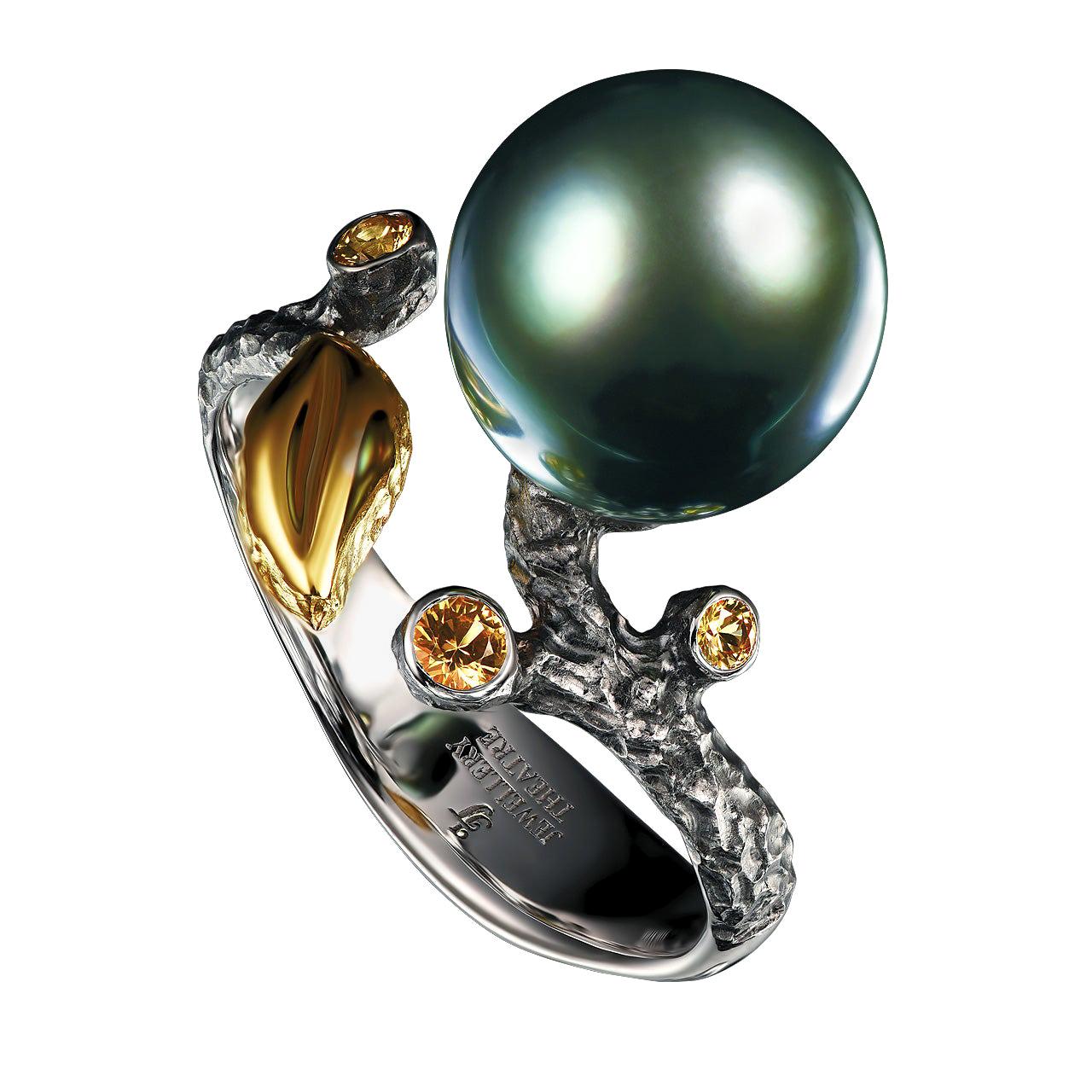 18 Karat White Gold Dark Tahitian Pearl and Yellow Sapphires Cocktail Ring For Sale