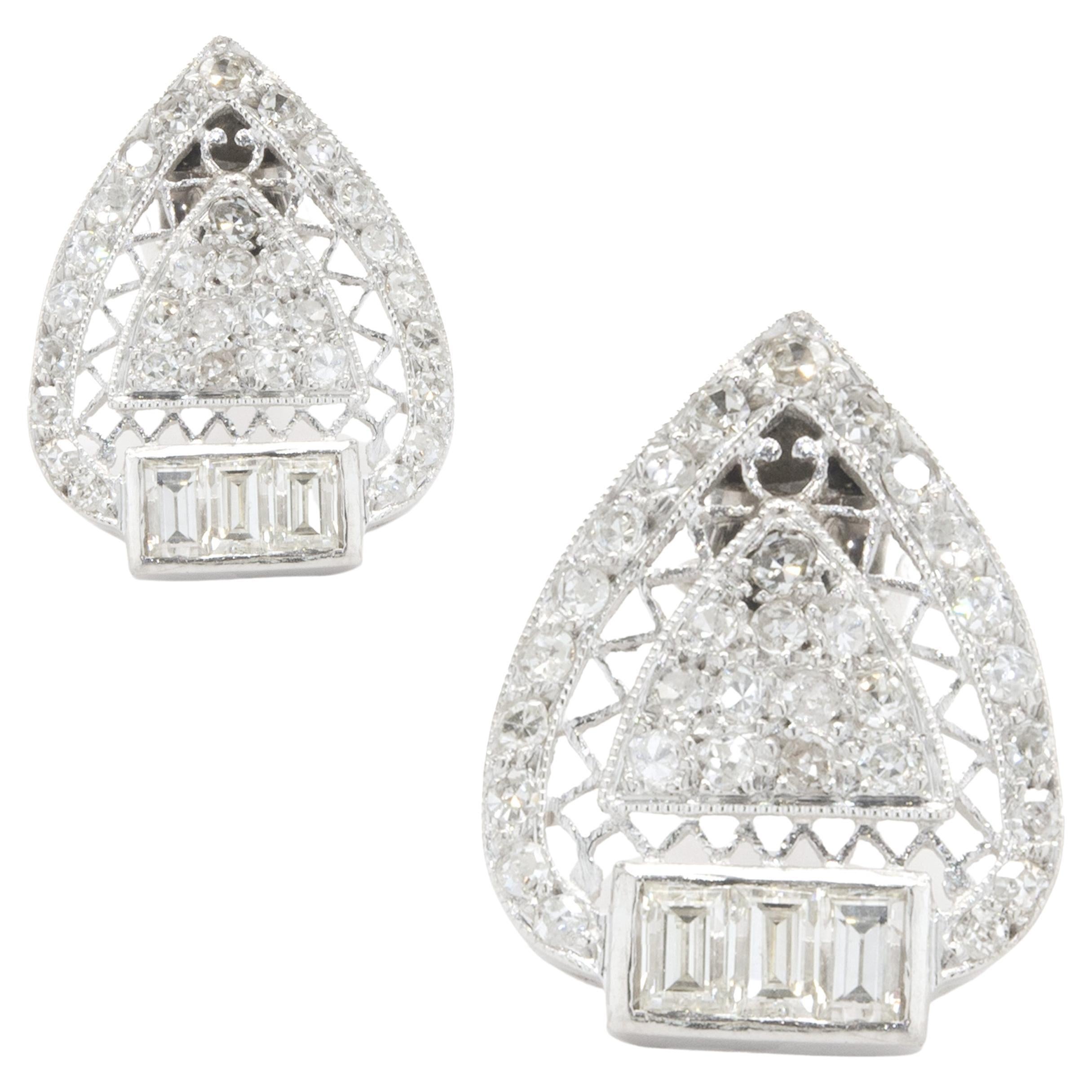 14 Karat White Gold Deco Style Diamond Earrings For Sale