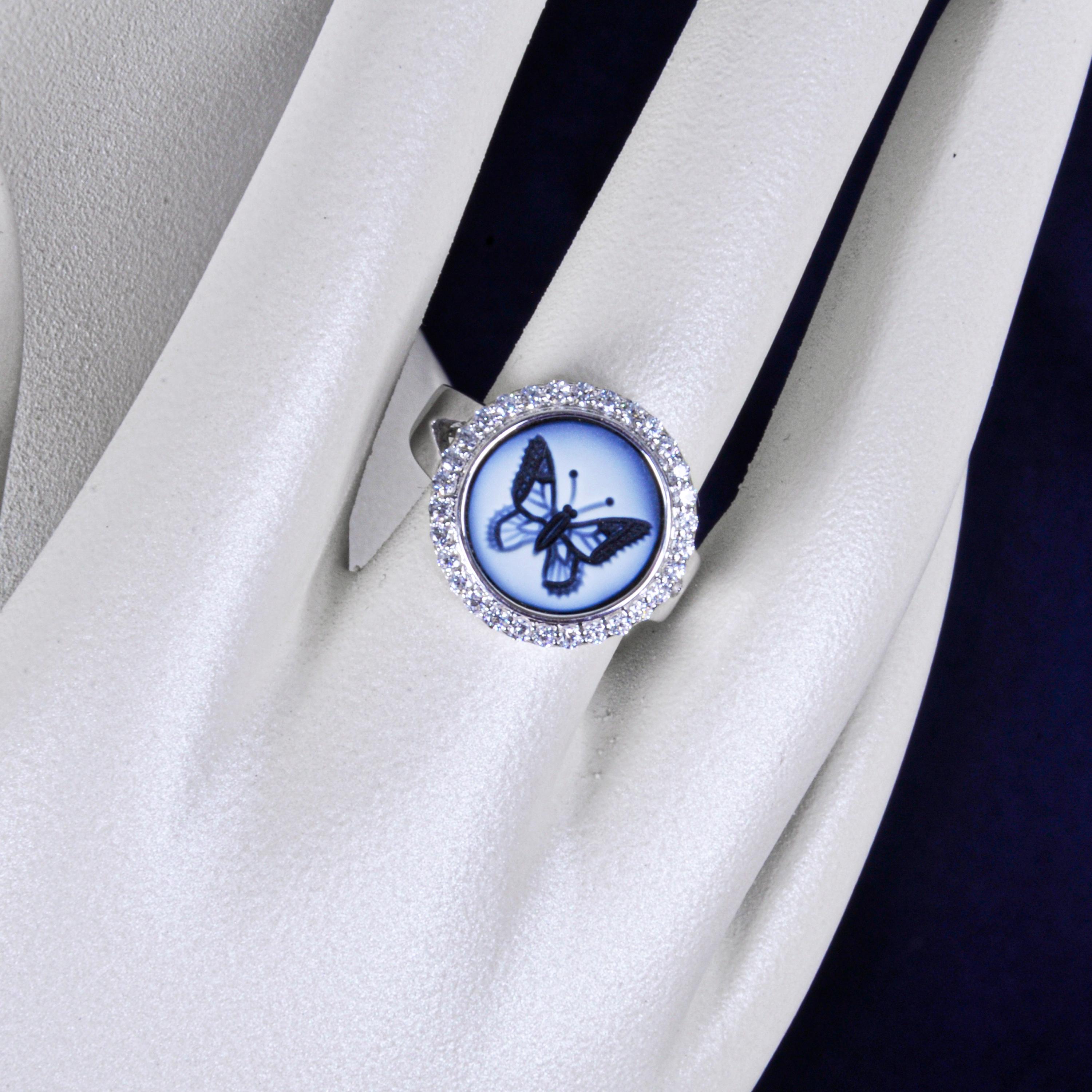 For Sale:  14 Karat White Gold Diamond Agate Butterfly Intaglio Flexible Ring 2