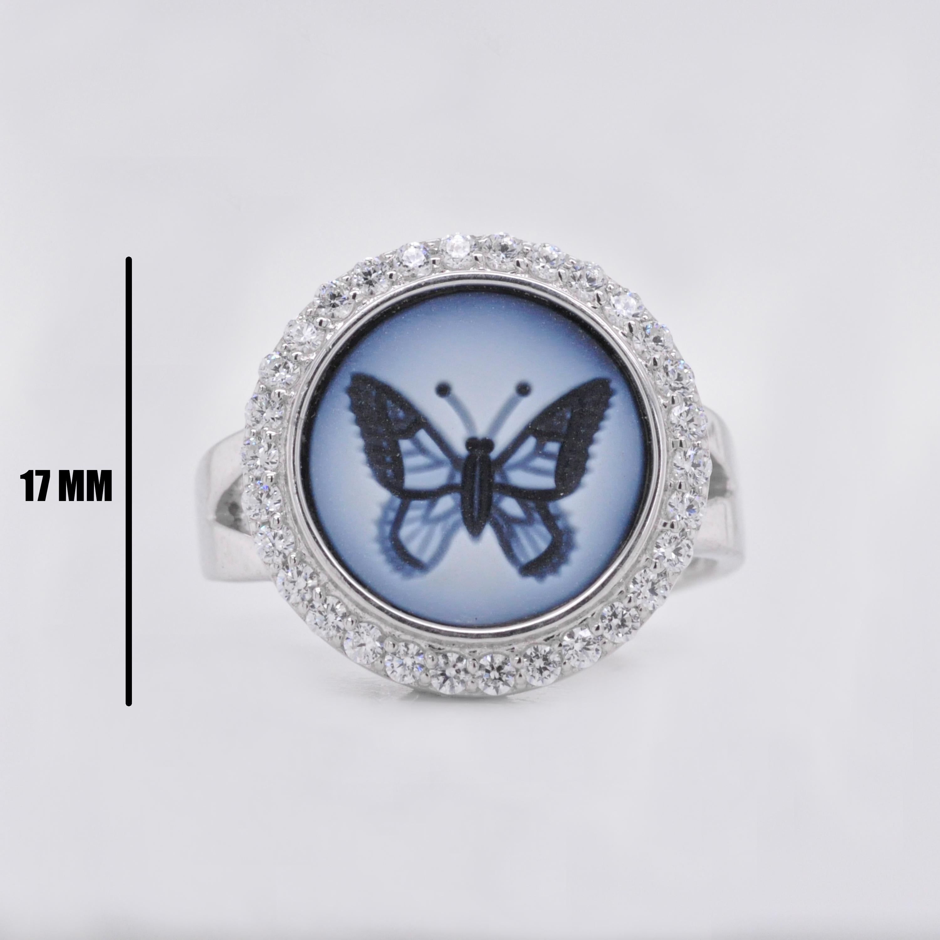 For Sale:  14 Karat White Gold Diamond Agate Butterfly Intaglio Flexible Ring 3