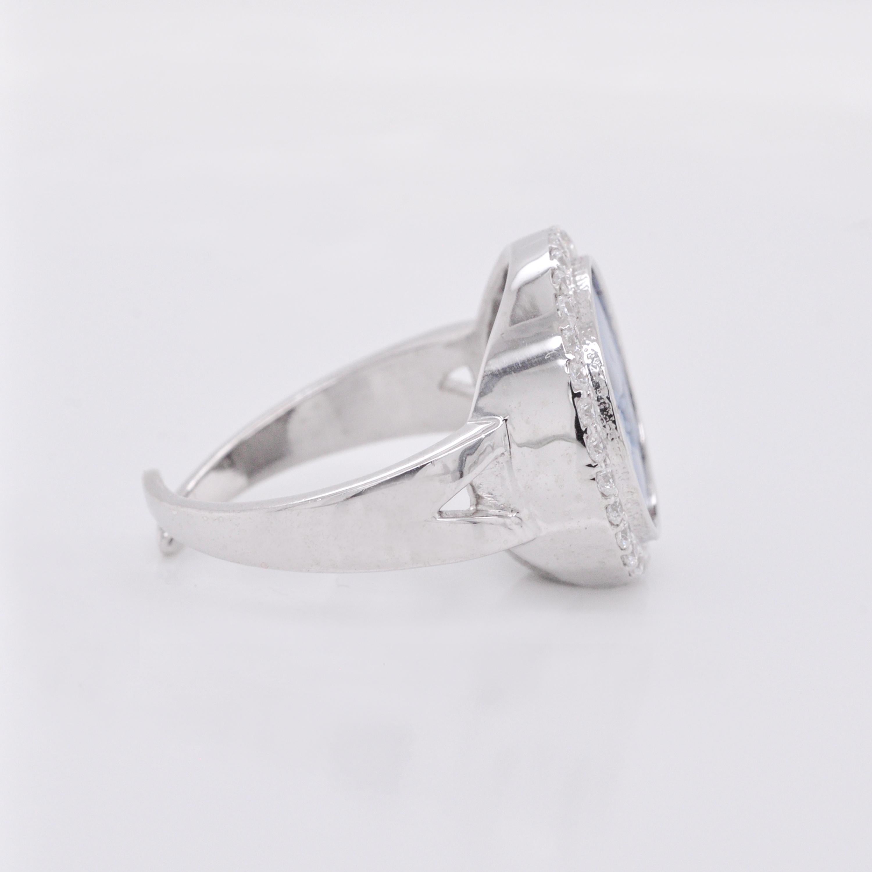 For Sale:  14 Karat White Gold Diamond Agate Butterfly Intaglio Flexible Ring 5