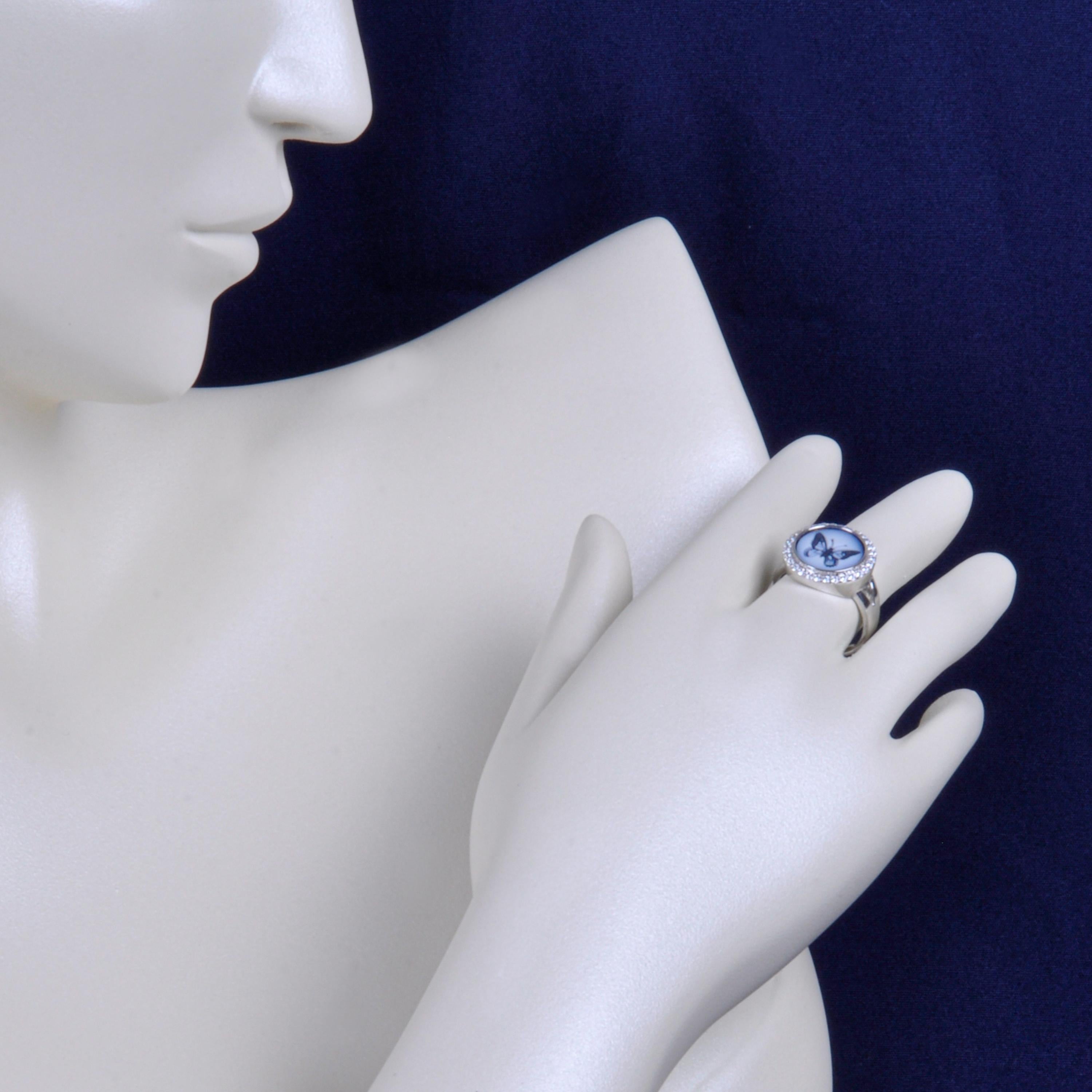 For Sale:  14 Karat White Gold Diamond Agate Butterfly Intaglio Flexible Ring 8