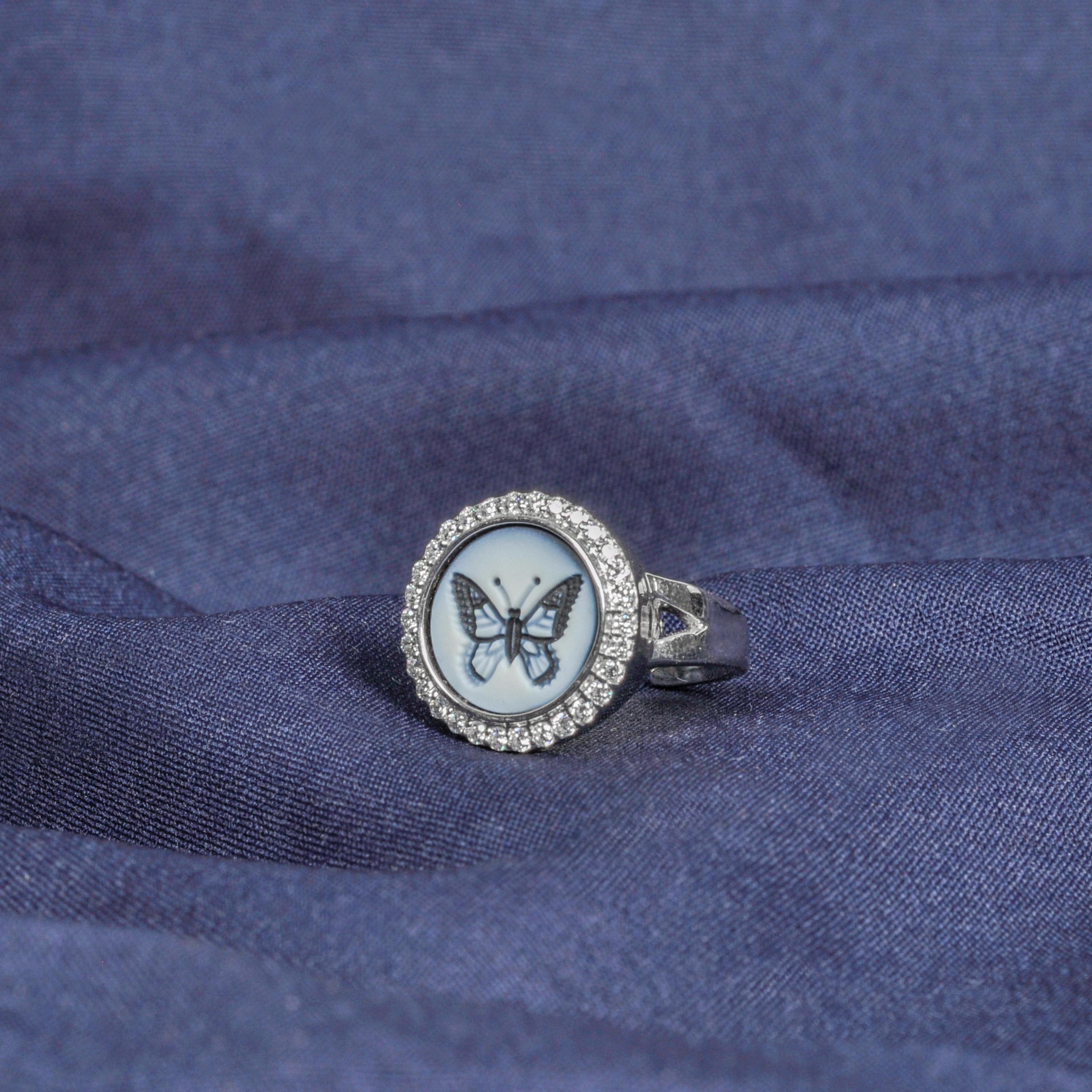 For Sale:  14 Karat White Gold Diamond Agate Butterfly Intaglio Flexible Ring 9