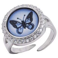 14 Karat White Gold Diamond Agate Butterfly Intaglio Flexible Ring