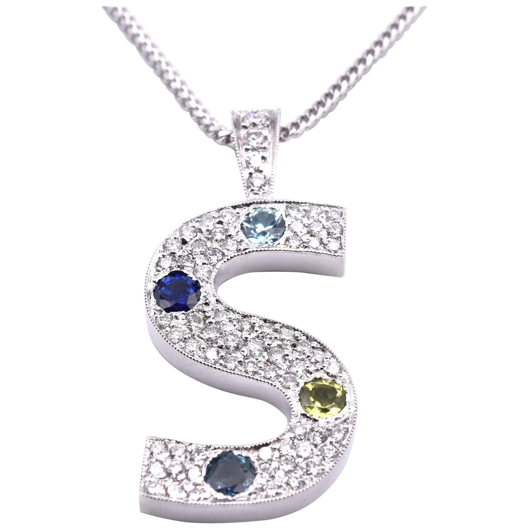 14 Karat White Gold Diamond and 4-Stone “S” Pendant Necklace