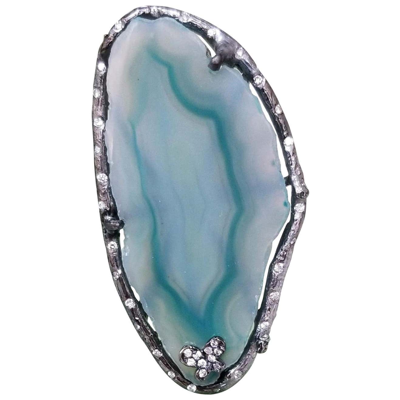 14 Karat White Gold Diamond and Agaite