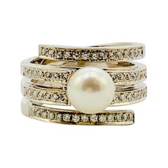 14 Karat White Gold, Diamond and Akoya Cultured Pearl Four-Row Ladies Ring