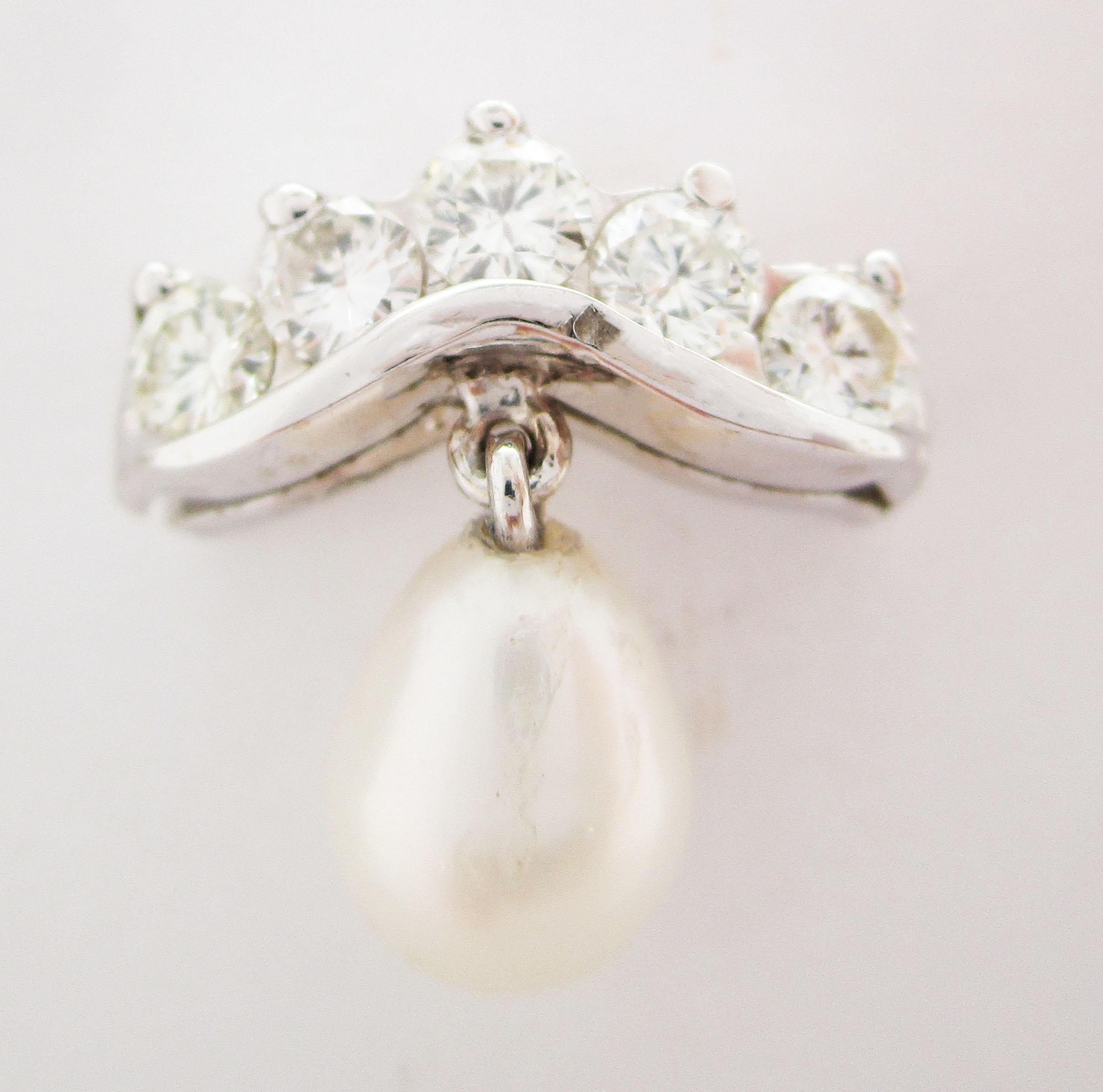 Modern 14 Karat White Gold Diamond and Akoya Pearl Drop Crown Shaped Earrings