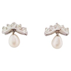 14 Karat White Gold Diamond and Akoya Pearl Drop Crown Shaped Earrings
