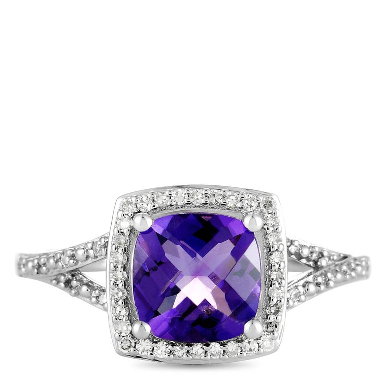 14 Karat White Gold Diamond and Amethyst Square Cushion Ring at 1stDibs