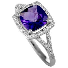 14 Karat White Gold Diamond and Amethyst Square Cushion Ring