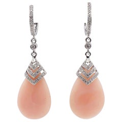 14 Karat White Gold Diamond and Angel Skin Coral Dangle Drop Earrings