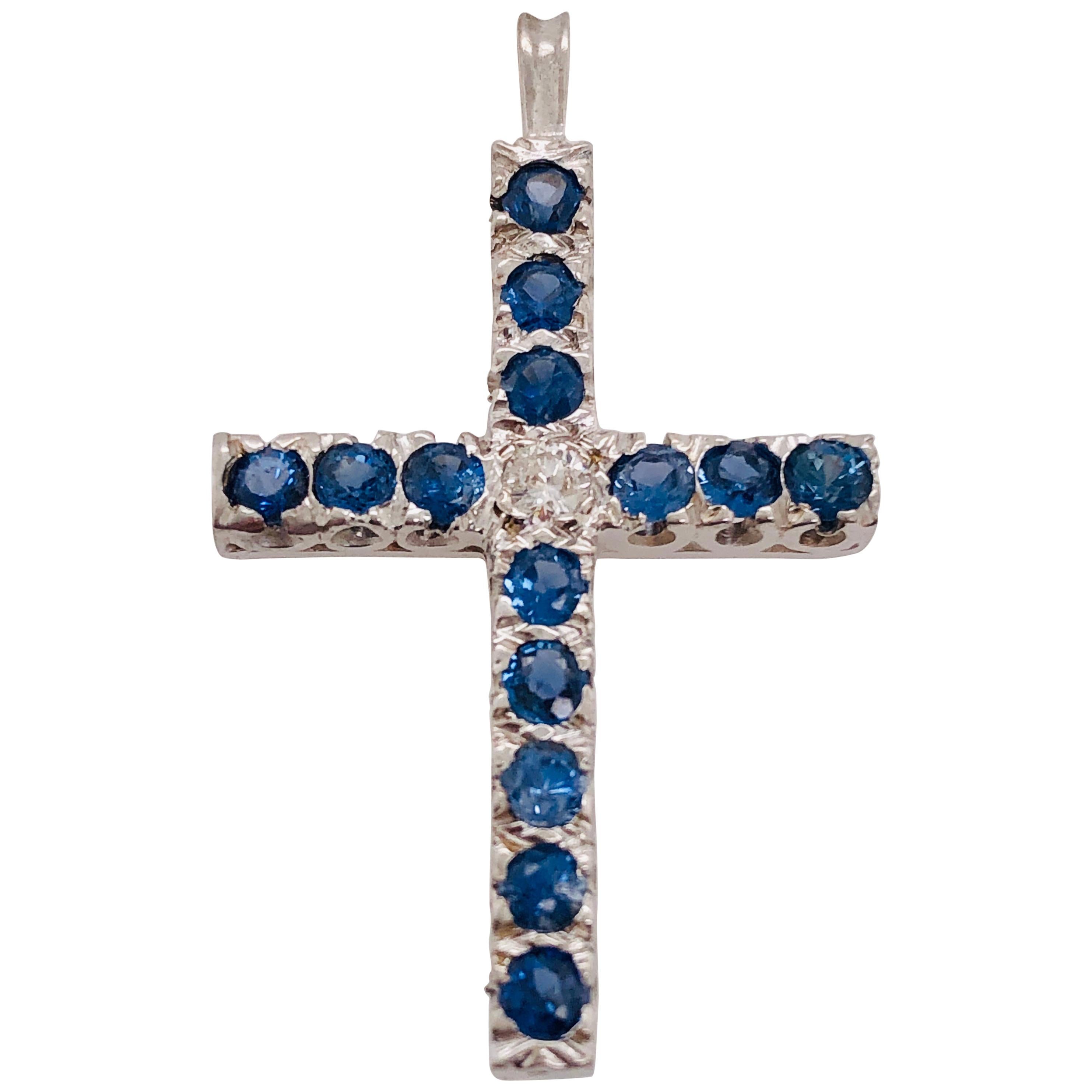 14 Karat White Gold Diamond and Blue Sapphire Cross Pendant