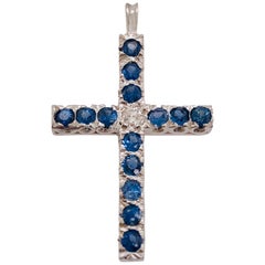 14 Karat White Gold Diamond and Blue Sapphire Cross Pendant