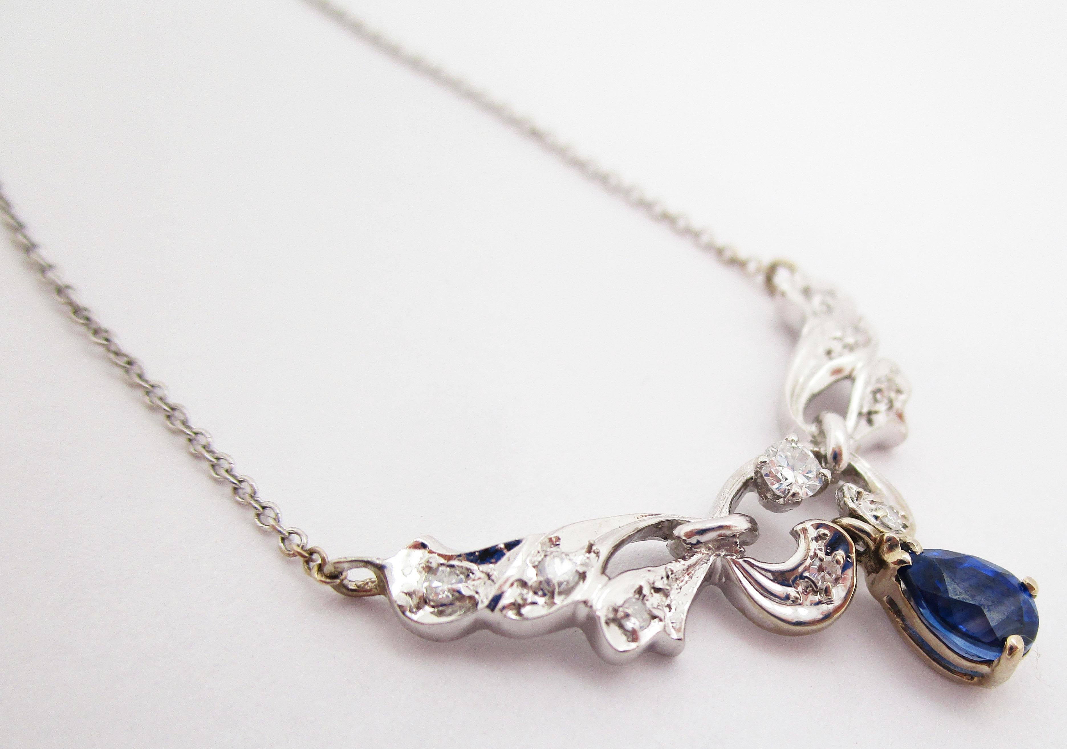 Pear Cut 14 Karat White Gold Diamond and Blue Sapphire Necklace For Sale