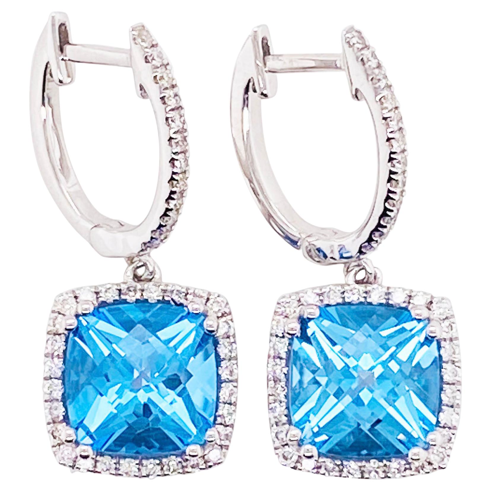 14 Karat White Gold Diamond and Blue Topaz Drop Earrings