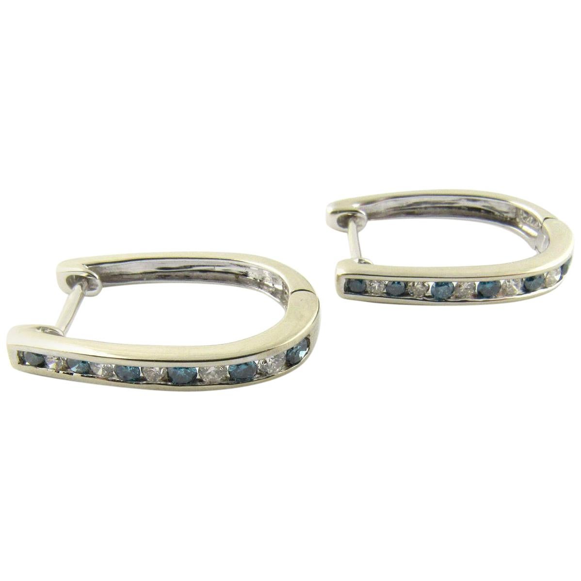 14 Karat White Gold Diamond and Blue Topaz U Shaped Hoop Earrings For Sale