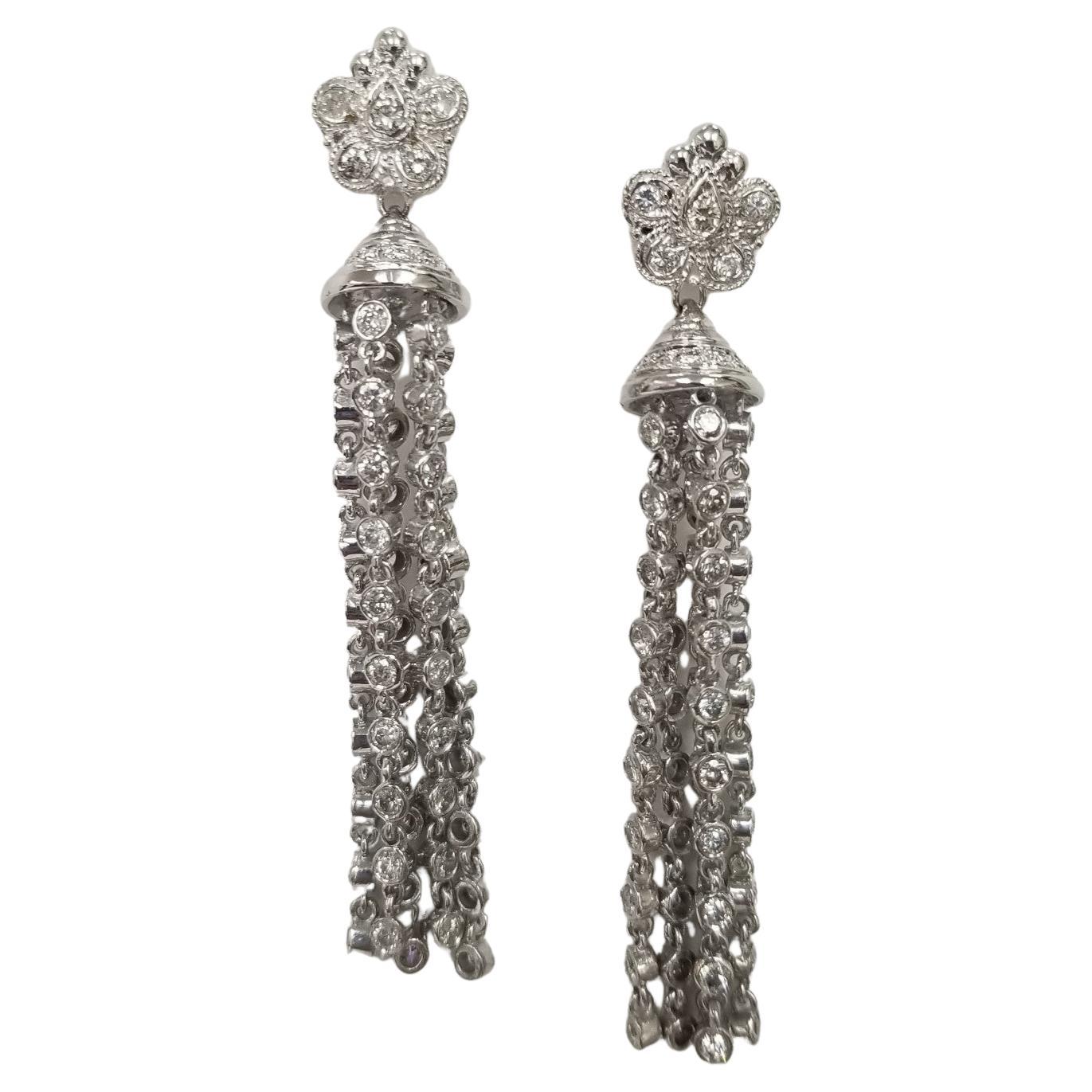 14 Karat White Gold Diamond and Dangle Earrings For Sale