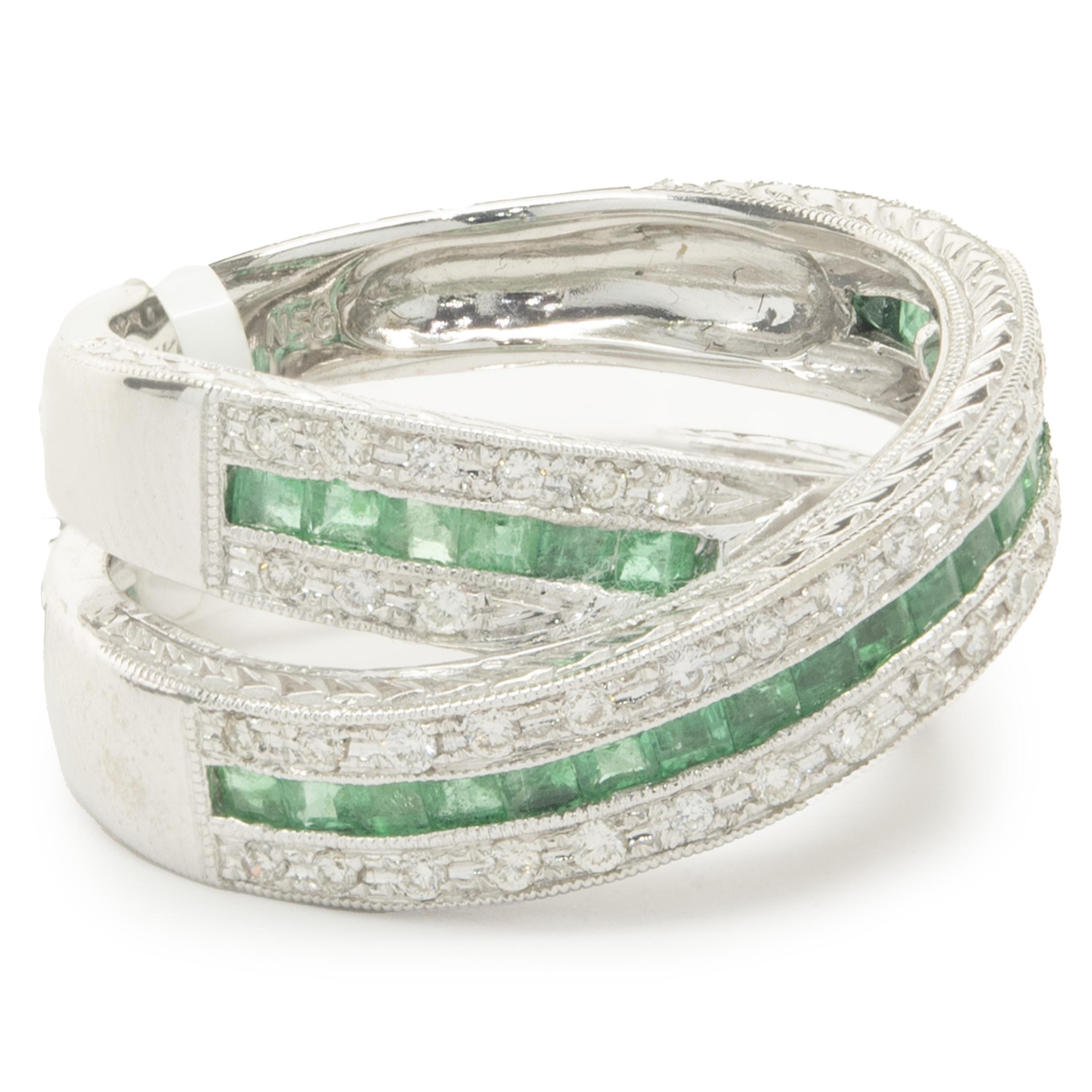 Designer: custom
Material: 14K white gold
Diamond: 51 round brilliant cut = 0.37cttw
Color: G
Clarity: SI1
Emerald: square cut = 1.12cttw
Dimensions: ring top measures 10.4mm wide
Ring Size: 6.5 (complimentary sizing available)
Weight: 8.42 grams

