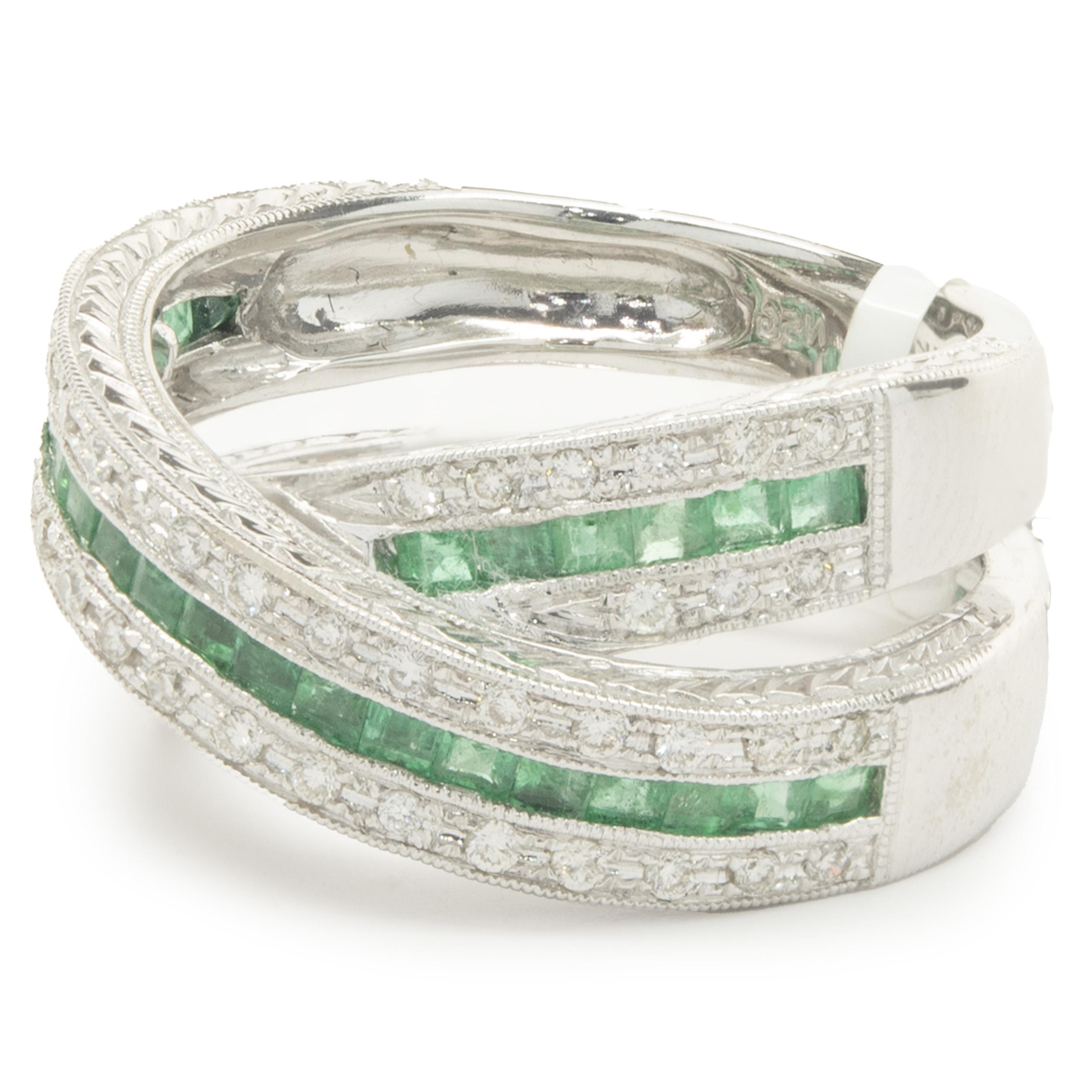 Square Cut 14 Karat White Gold Diamond and Emerald Crossover Ring