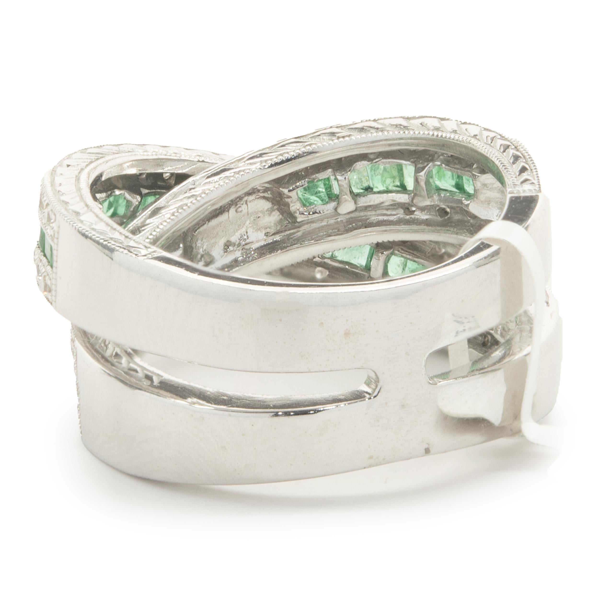 14 Karat White Gold Diamond and Emerald Crossover Ring In Excellent Condition In Scottsdale, AZ