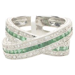 14 Karat White Gold Diamond and Emerald Crossover Ring