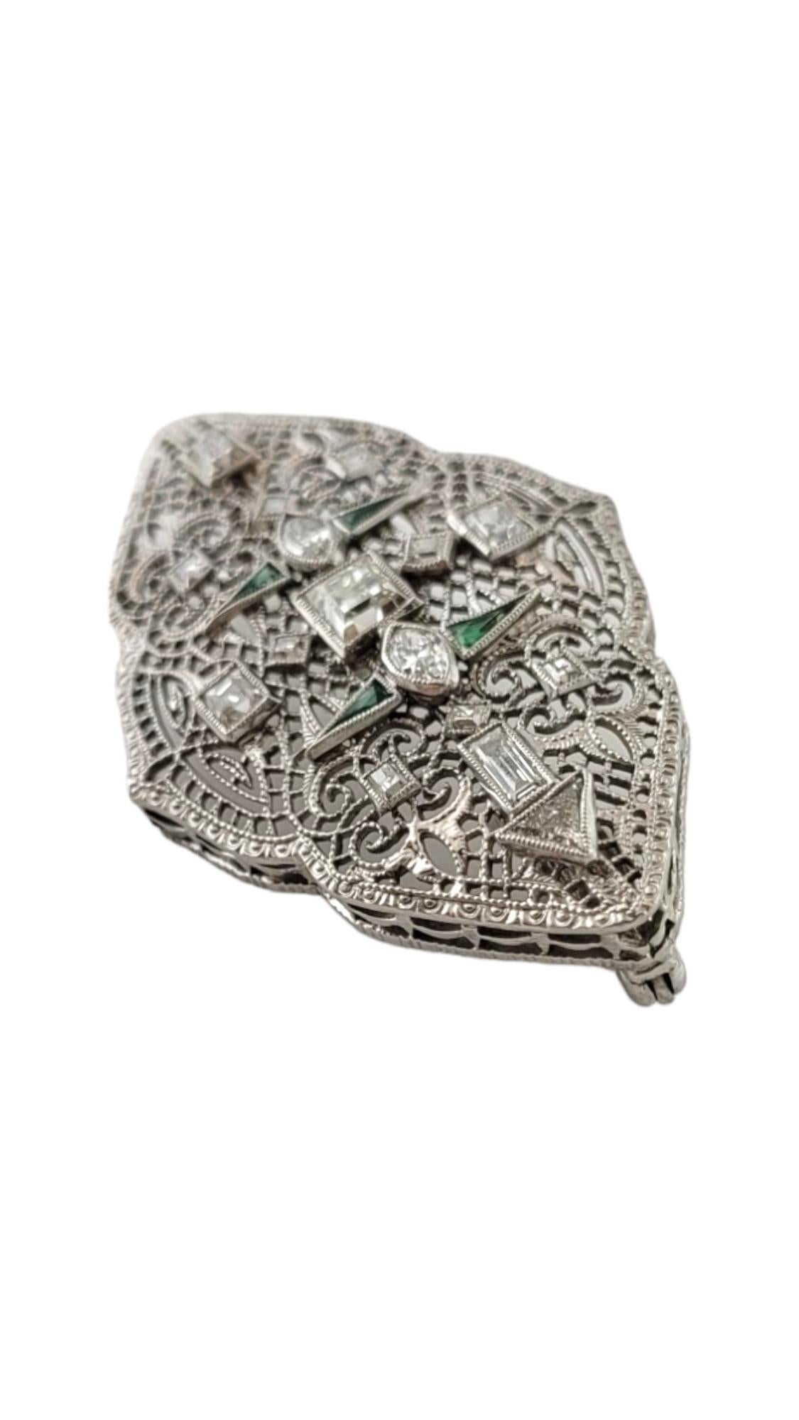 Trillion Cut 14 Karat White Gold Diamond and Emerald Pendant/Brooch- #16453 For Sale