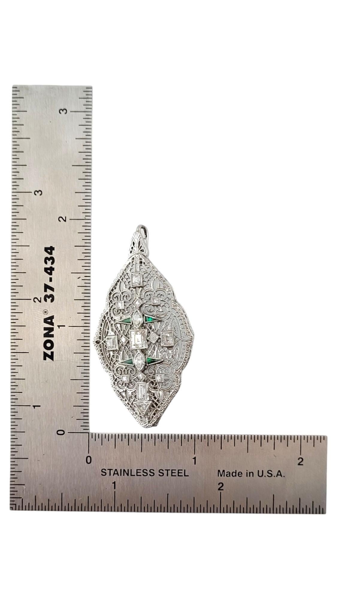 14 Karat White Gold Diamond and Emerald Pendant/Brooch- #16453 For Sale 3