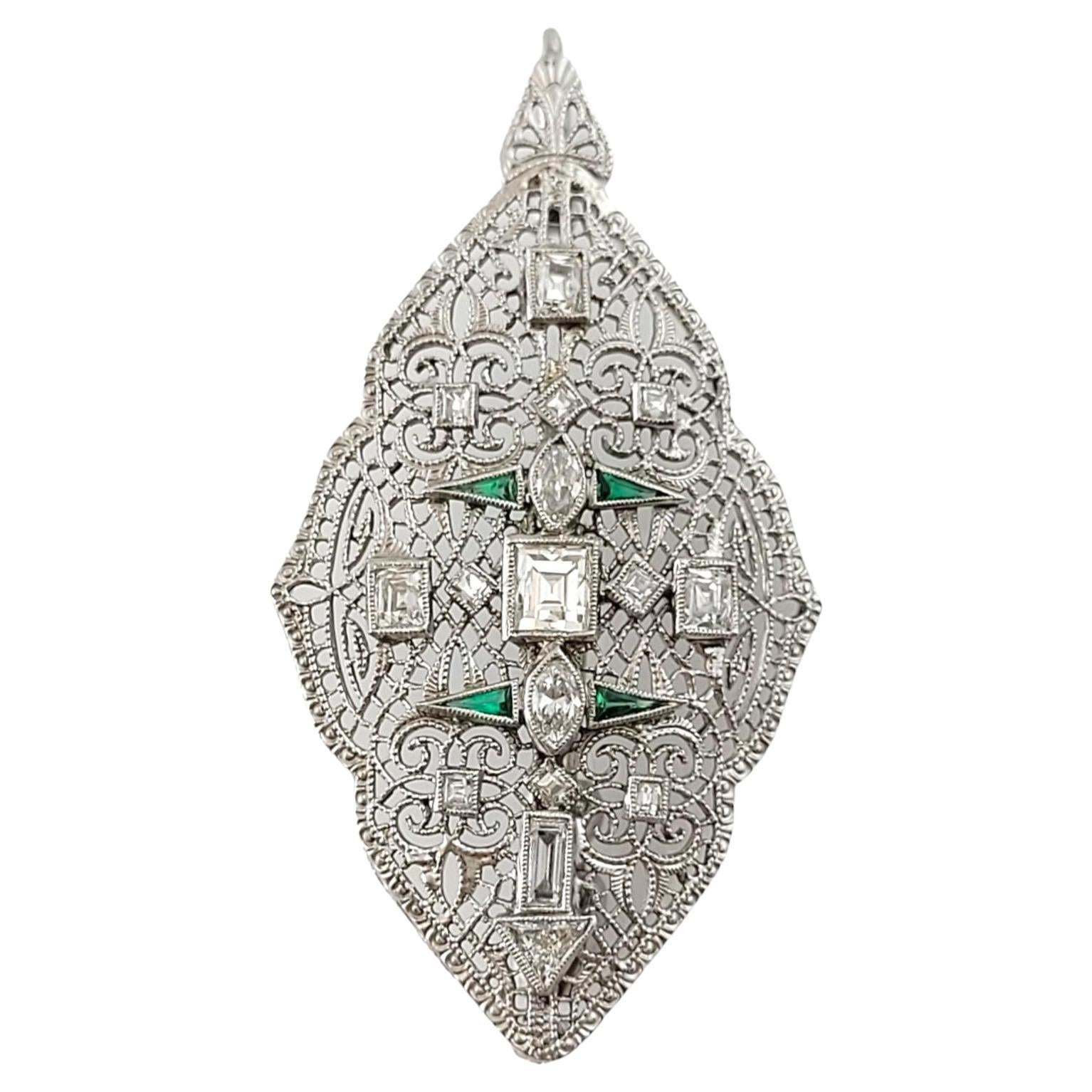 14 Karat White Gold Diamond and Emerald Pendant/Brooch- #16453 For Sale