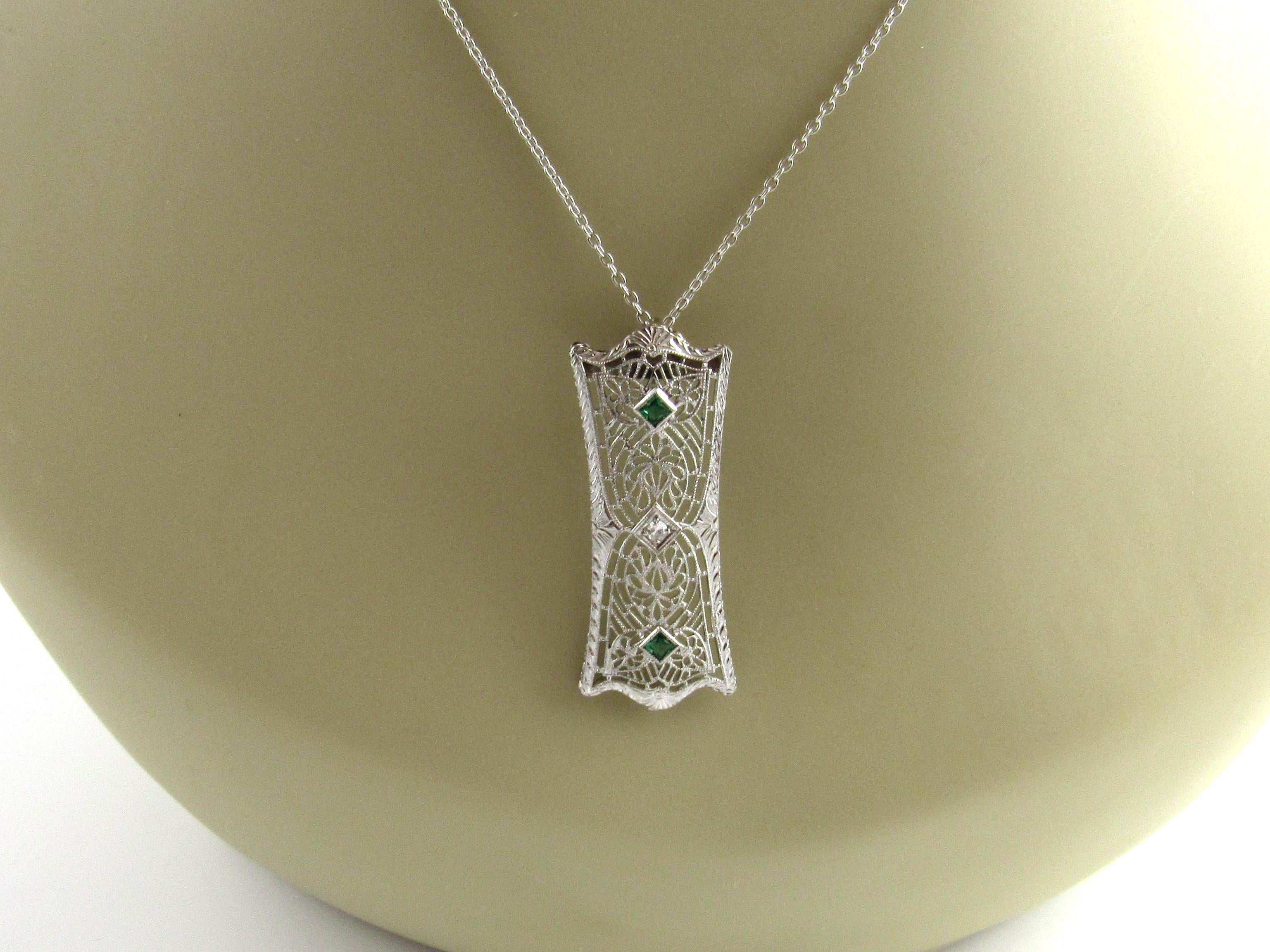 14 Karat White Gold Diamond and Emerald Pendant For Sale 3