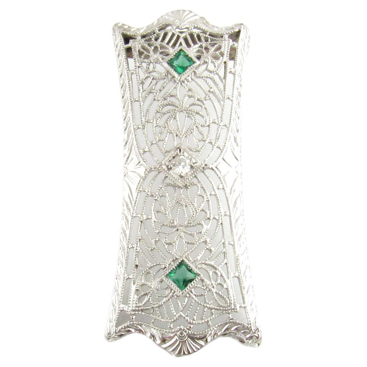 14 Karat White Gold Diamond and Emerald Pendant For Sale