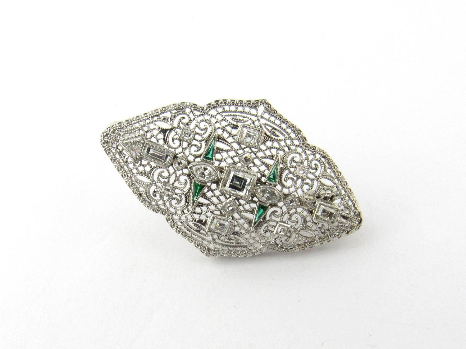 Round Cut 14 Karat White Gold Diamond and Emerald Pendant or Brooch
