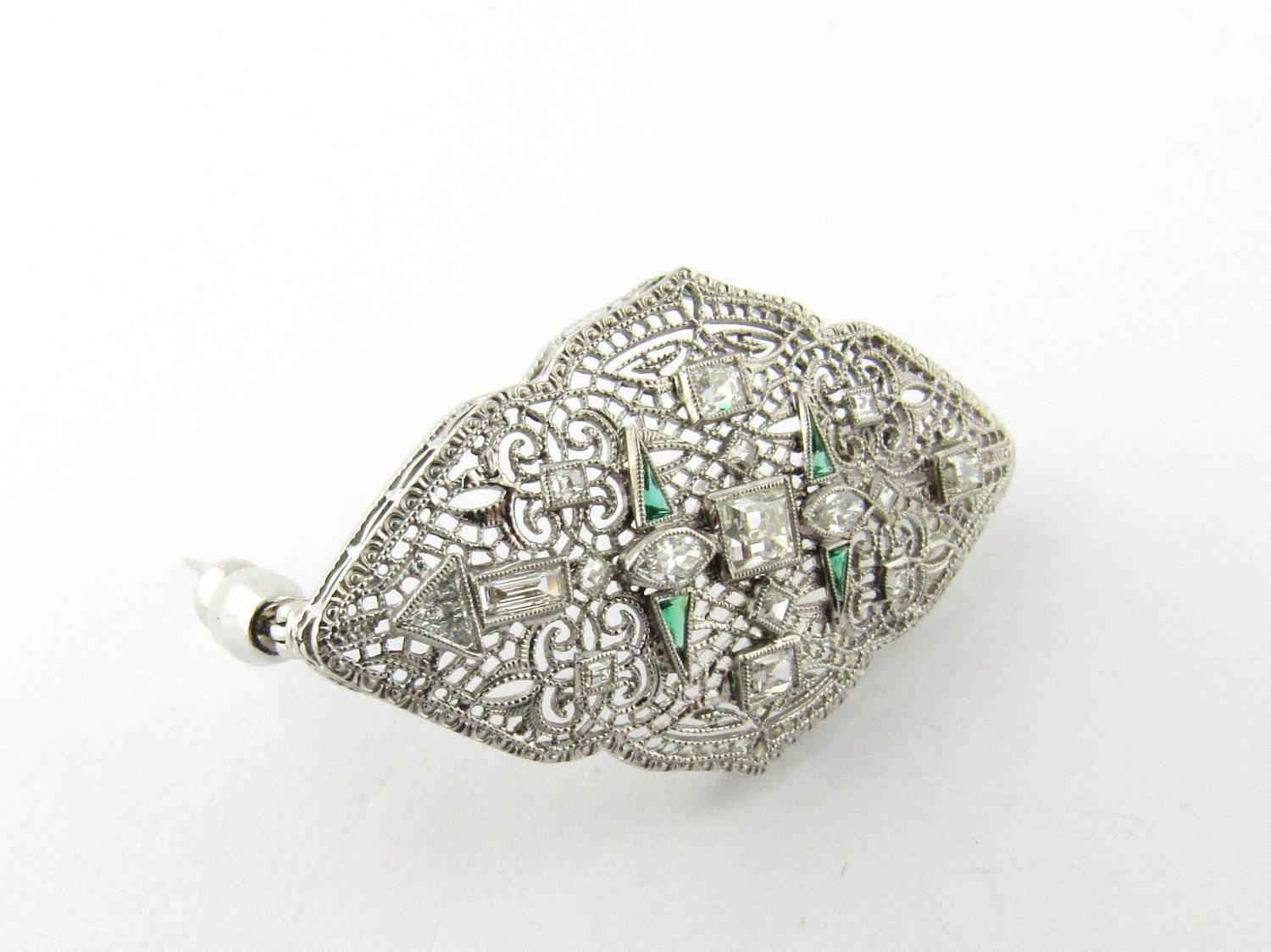 14 Karat White Gold Diamond and Emerald Pendant or Brooch In Excellent Condition In Washington Depot, CT