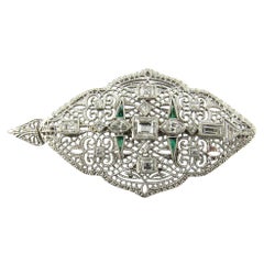 14 Karat White Gold Diamond and Emerald Pendant or Brooch