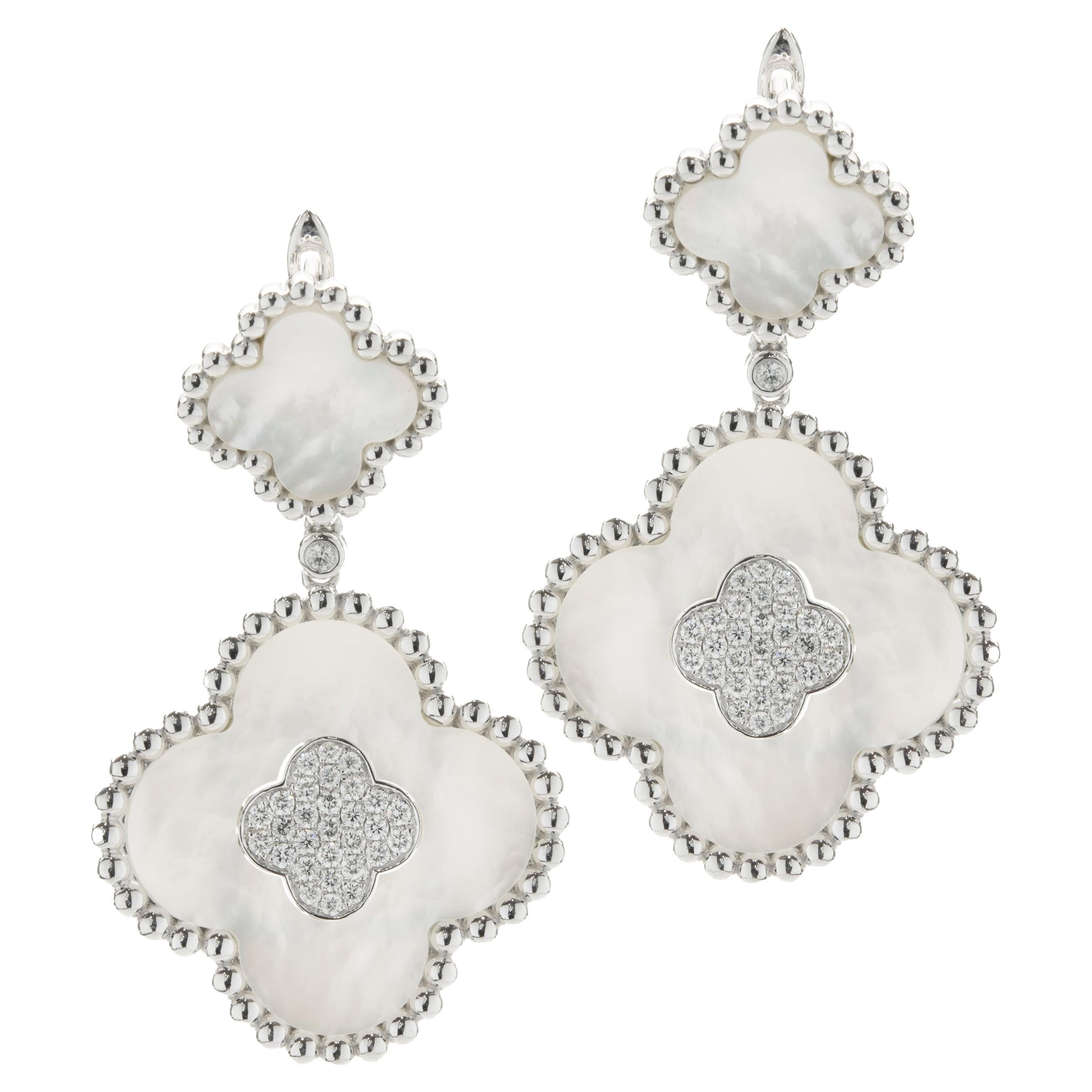 14 Karat White Gold Diamond and Mother of Pearl Clover Drop Earrings