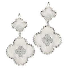 14 Karat White Gold Diamond and Mother of Pearl Clover Drop Earrings