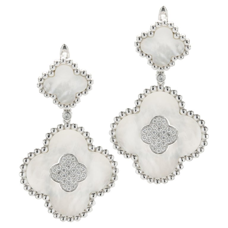 14 Karat White Gold Diamond and Mother of Pearl Clover Drop Earrings ...