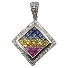 14 Karat White Gold Diamond and Multi Colored Sapphire Pendant JAGi Certified