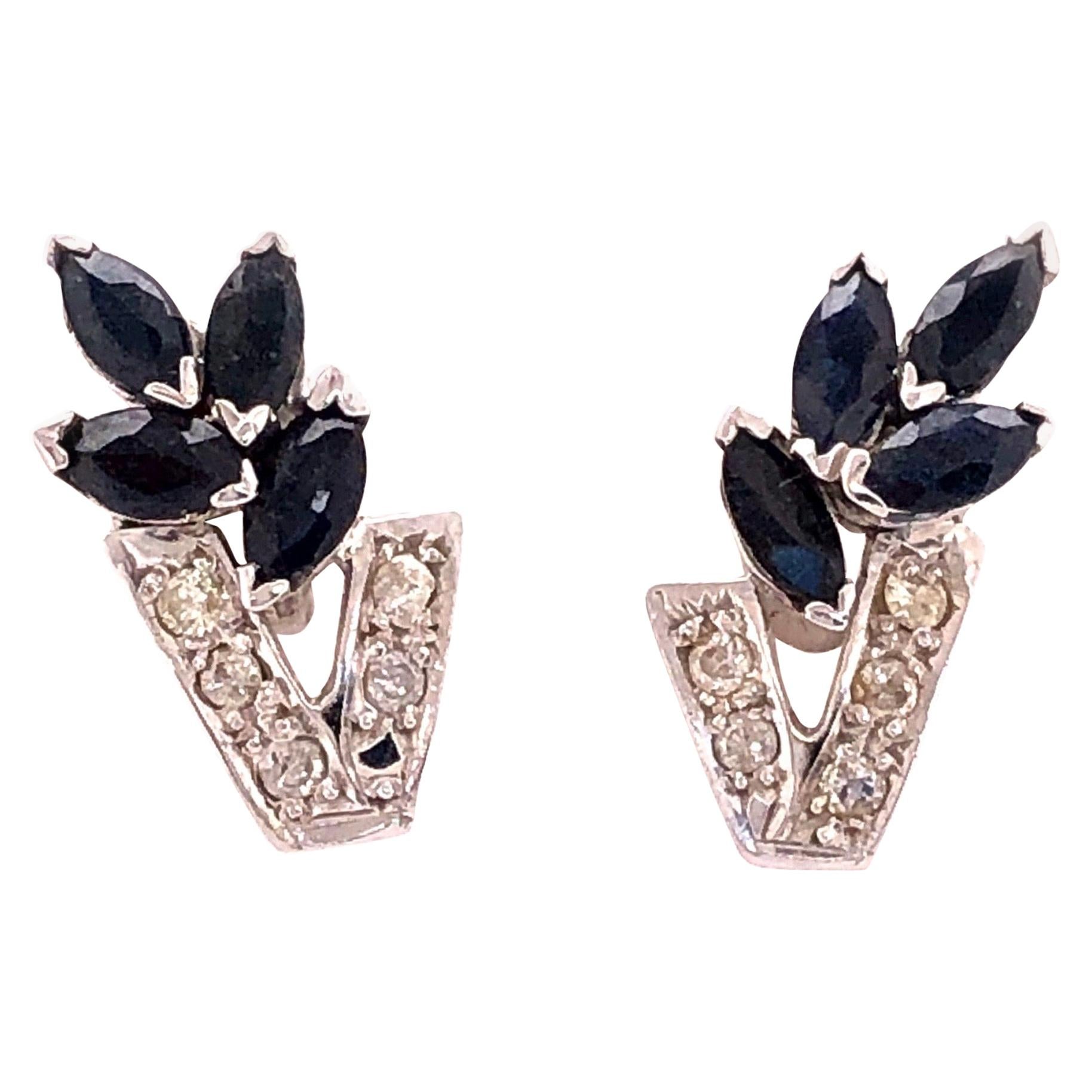 14 Karat White Gold Diamond and Sapphire Cluster Earrings 0.12 TDW For Sale