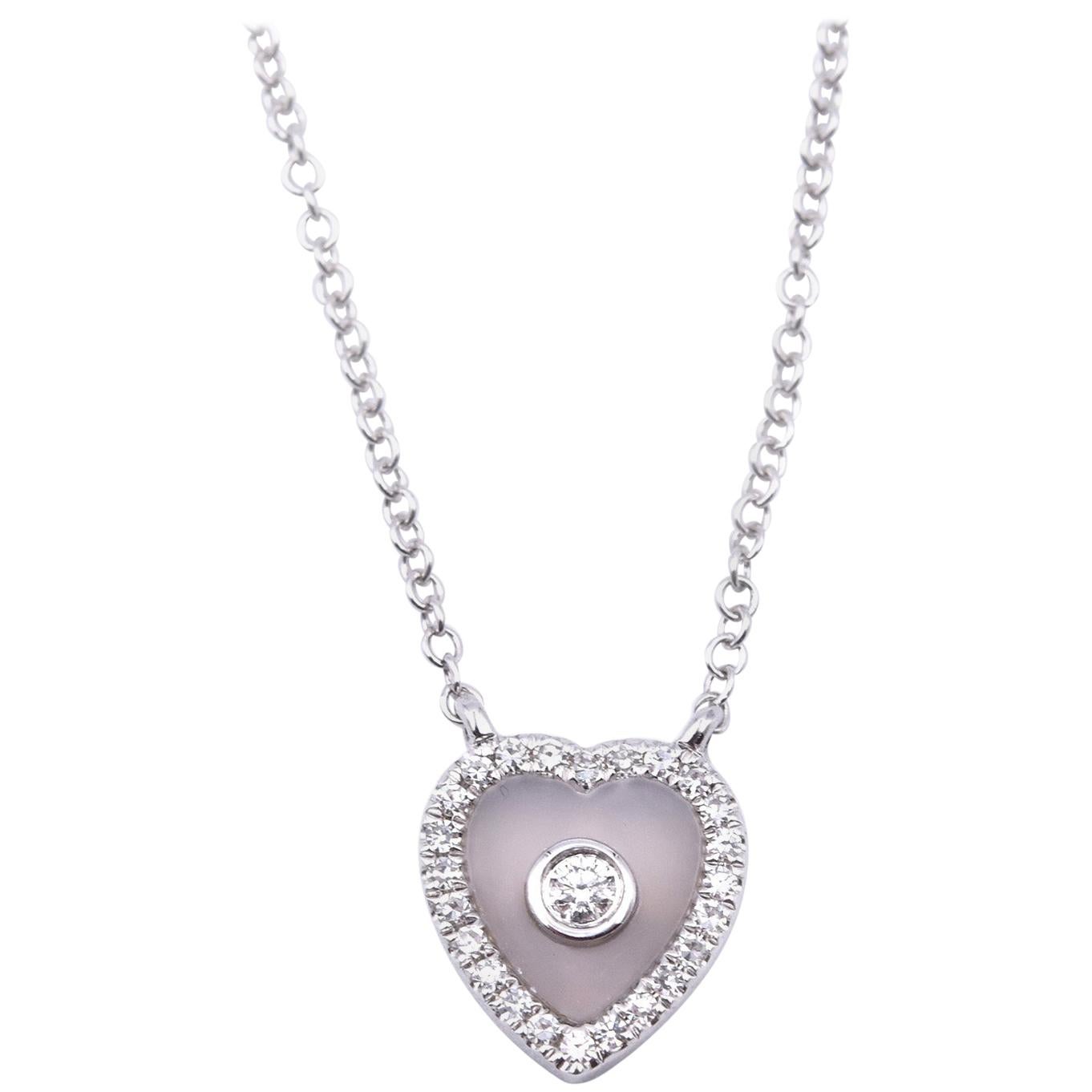 14 Karat White Gold Diamond and Opal Heart Necklace