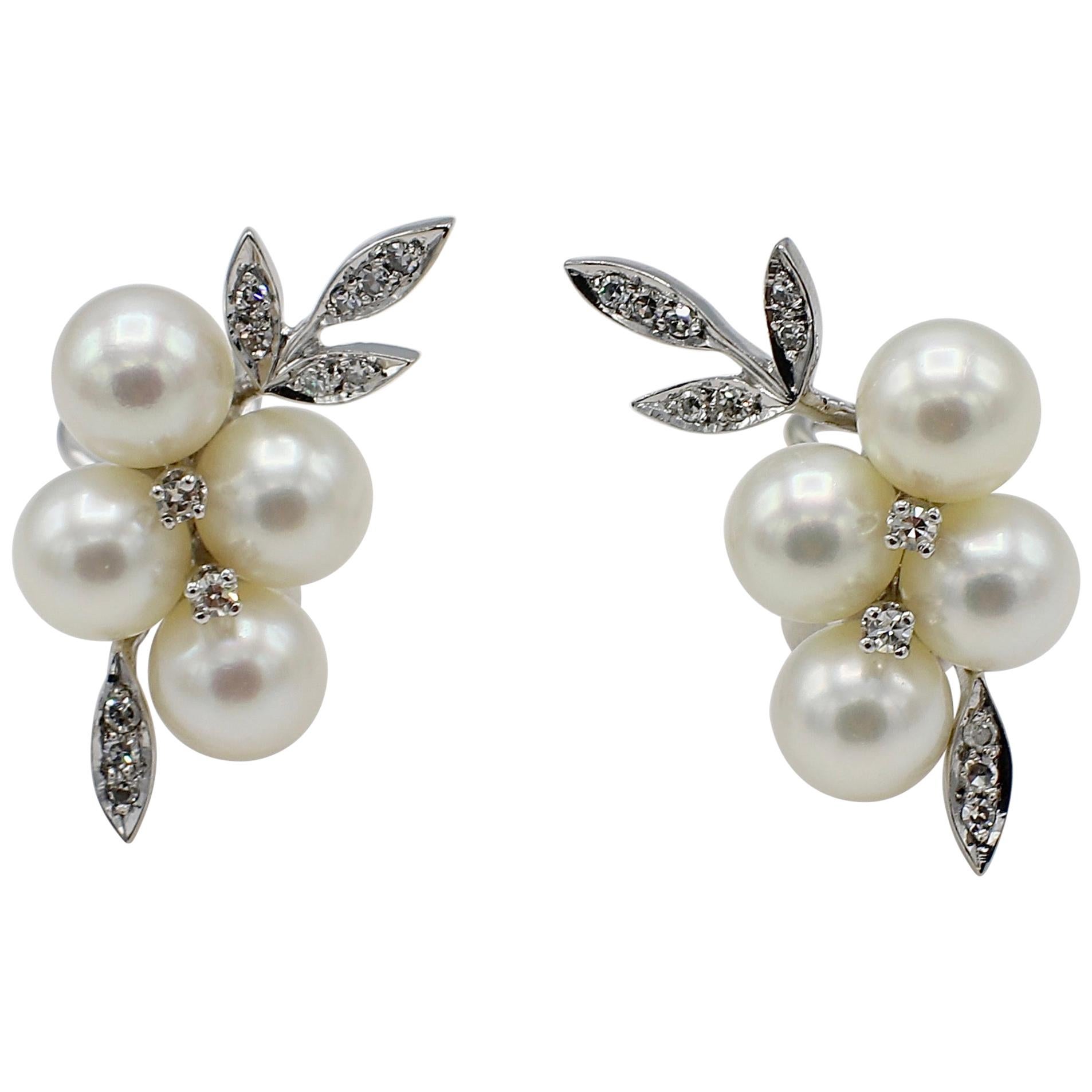 14 Karat White Gold Diamond and Pearl Cluster Leaf Earrings
