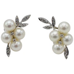 14 Karat White Gold Diamond and Pearl Cluster Leaf Earrings