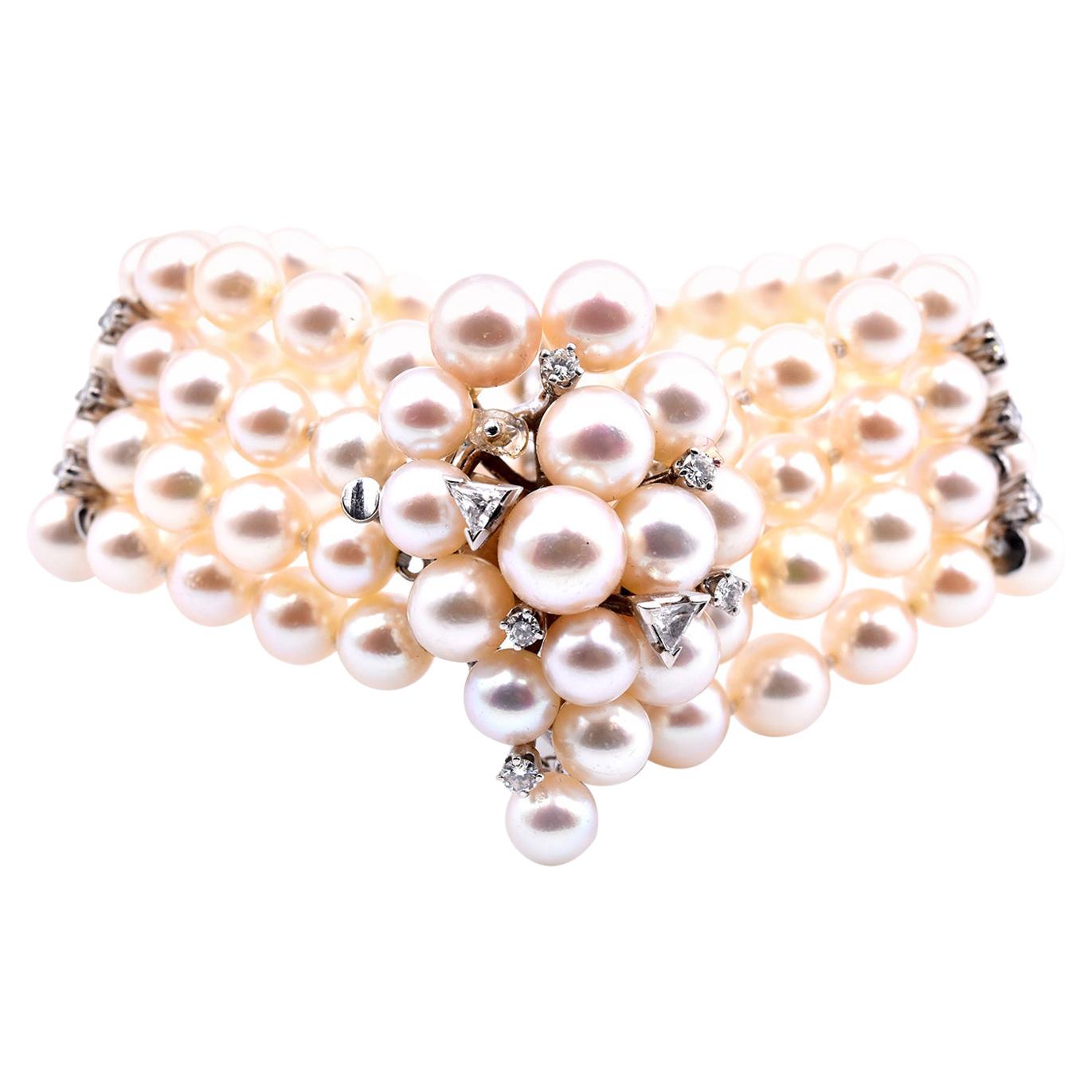 14 Karat White Gold Diamond and Pearl Four Strand Bracelet
