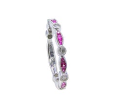 14 Karat White Gold Diamond and Pink Sapphire Band Ring Milgrain Bezel Set