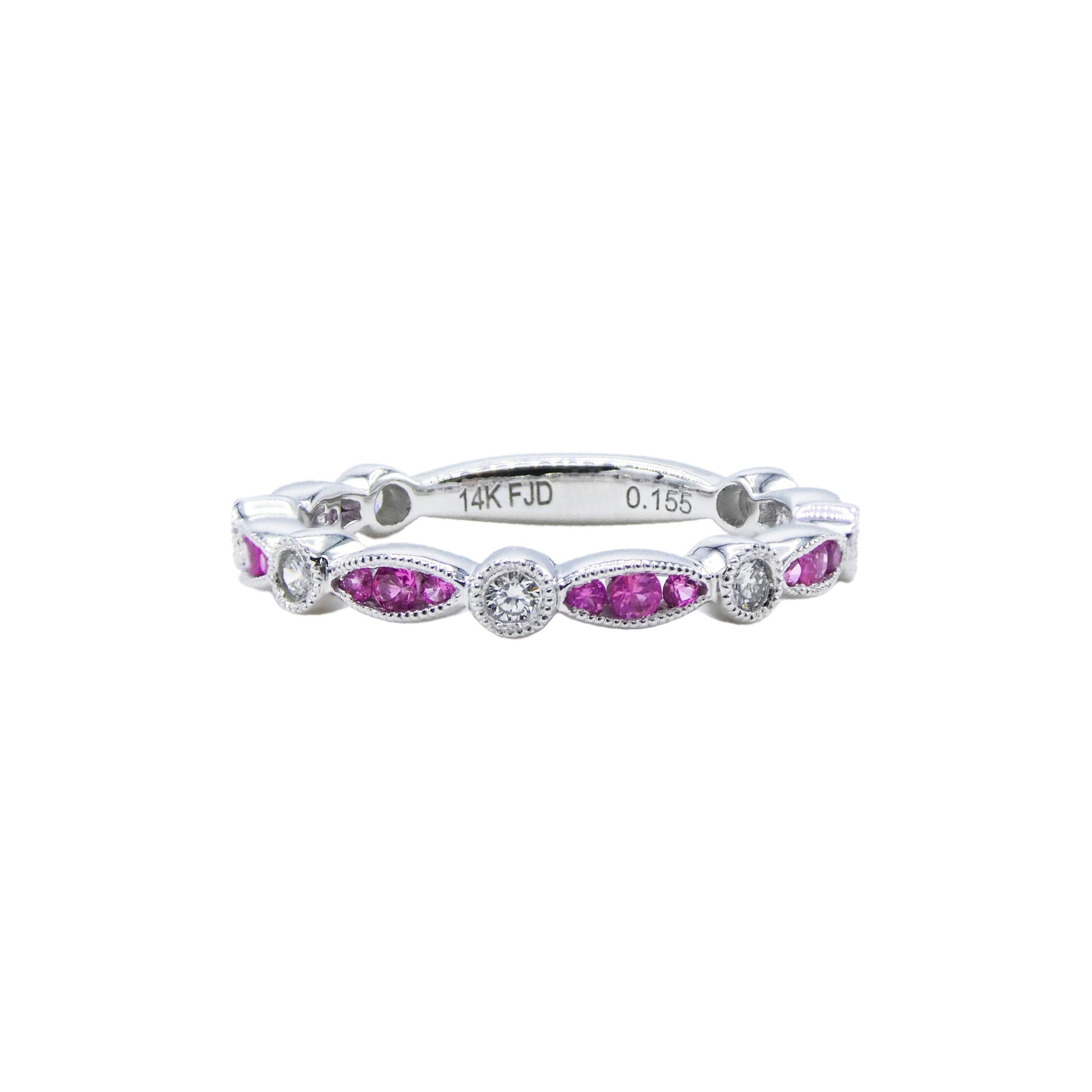 14 Karat White Gold Diamond and Pink Sapphire Band Ring Milgrain Bezel Set