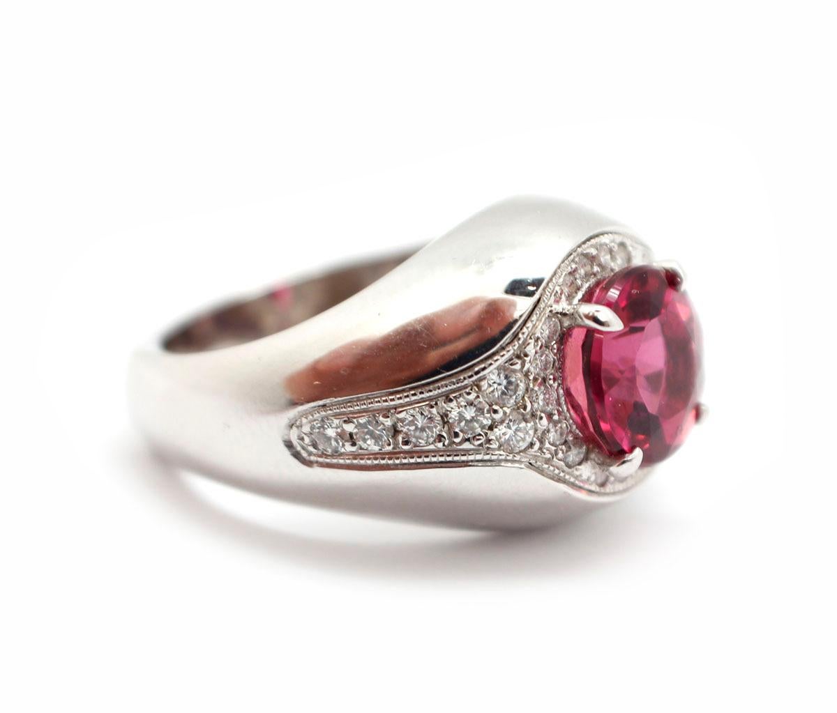 Modern 14 Karat White Gold, Diamond, and Pink Tourmaline Ring For Sale