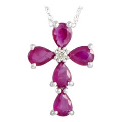 14 Karat White Gold Diamond and Ruby Cross Pendant Necklace