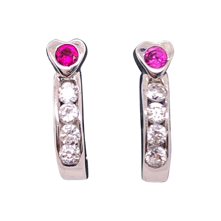 14 Karat White Gold Diamond and Ruby Earrings Latch Back 0.40 TDW