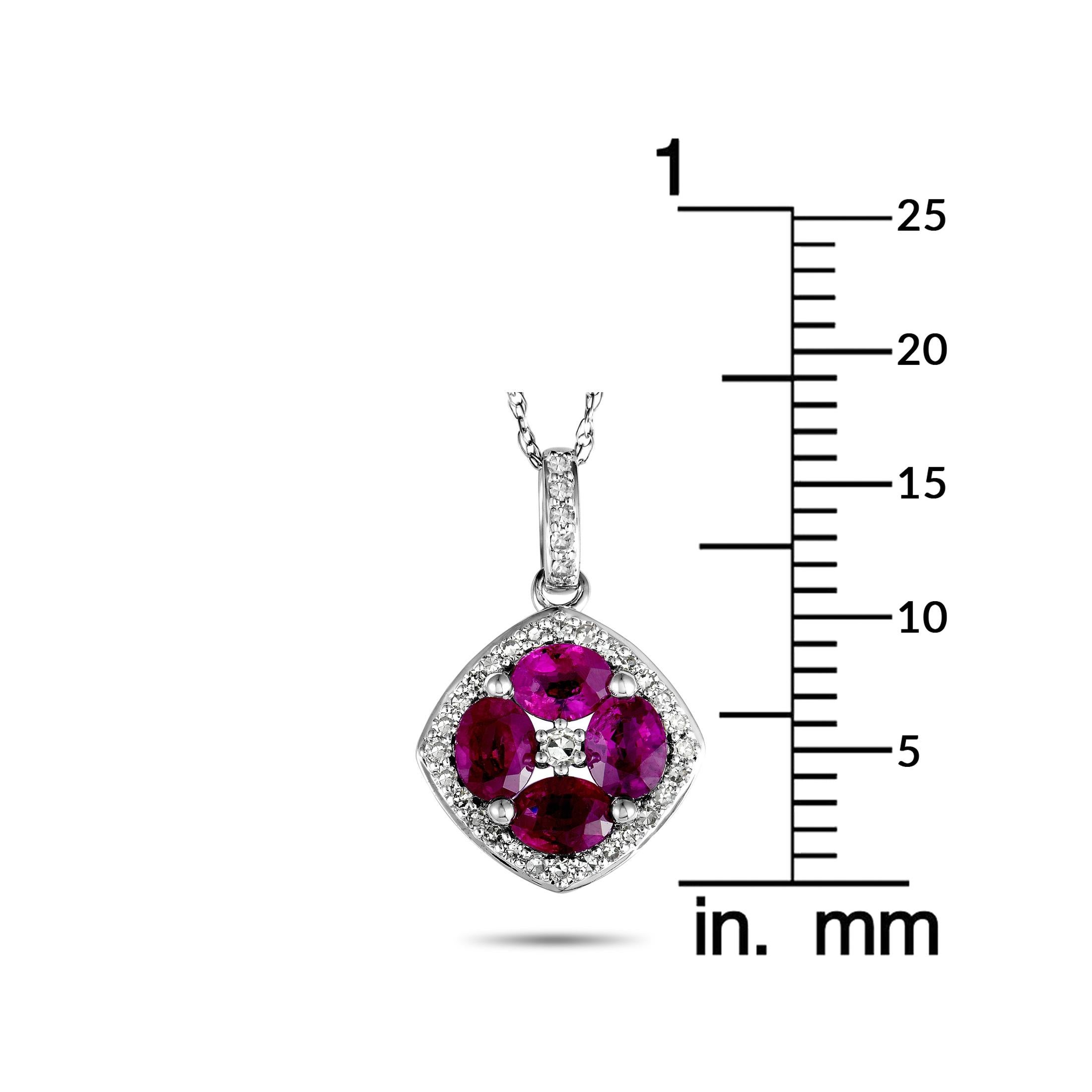 14 Karat White Gold Diamond and Ruby Flower Pendant Necklace In New Condition In Southampton, PA